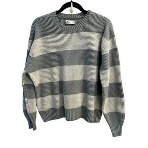 Hollister Gray and White Striped Crew Neck Sweater